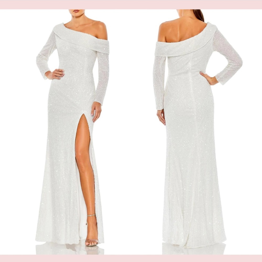 NWT $498 Mac Duggal [ 4 ] Sequined‎ Drop Shoulder Long Sleeve Gown in White